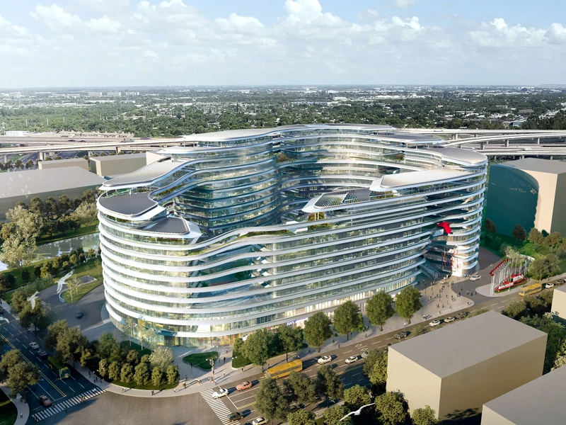 Birds eye view of ANTA Shanghai HQ, surrounded by trees and blue sky