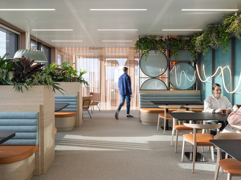 A group of people in a modern office furnished with plants and colourful furniture