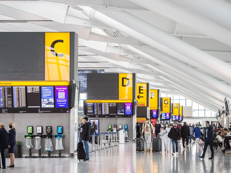Check-in area at Heathrow Airport, UK.