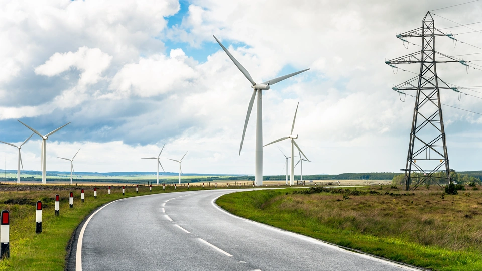 Pylons alongside a road in the UK