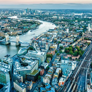 Aerial view of London and Tower Bridge