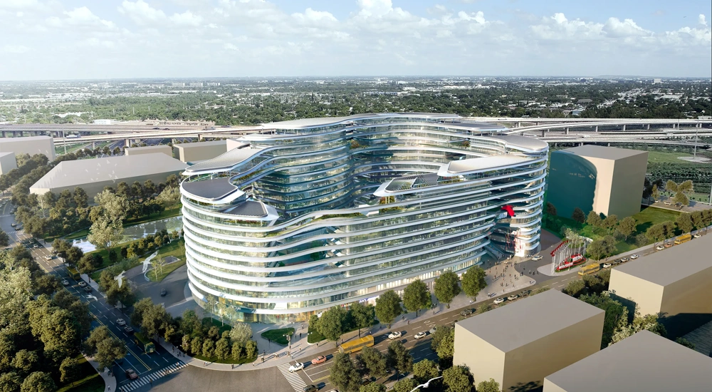 Birds eye view of ANTA Shanghai HQ, surrounded by trees and blue sky
