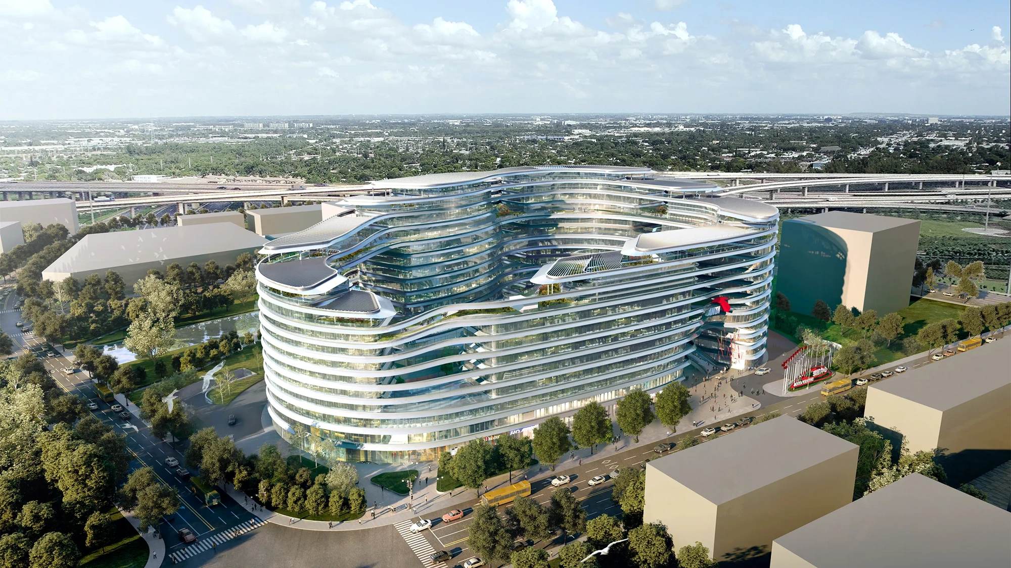 Birds eye view of ANTA Shanghai HQ, surrounded by trees and blue sky