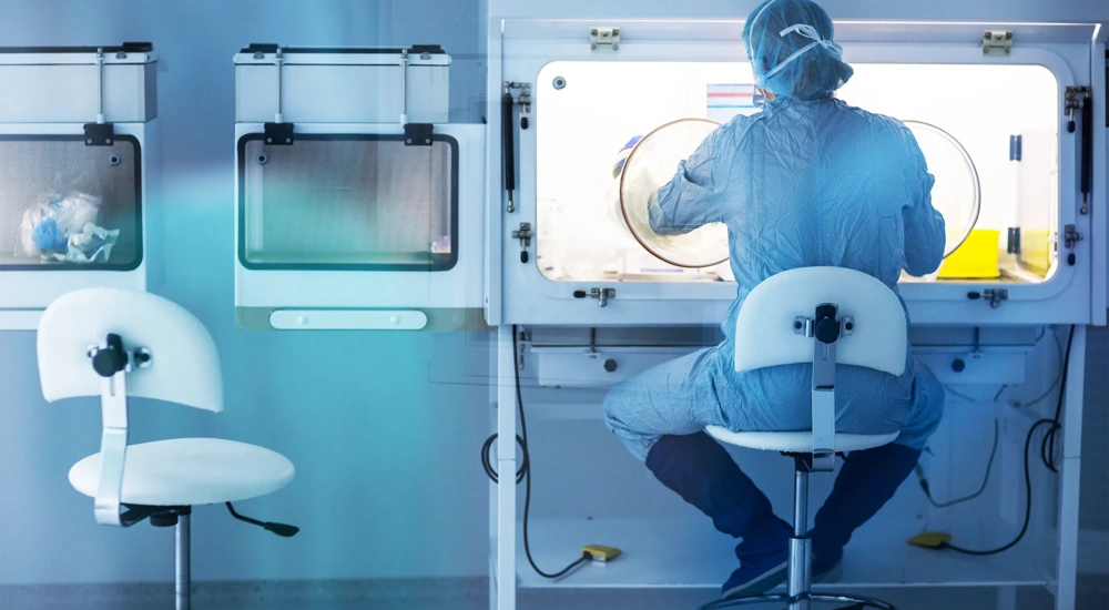 Pharmaceutical industry factory and production laboratory (color toned image; shallow DOF), COVID vaccine production concept