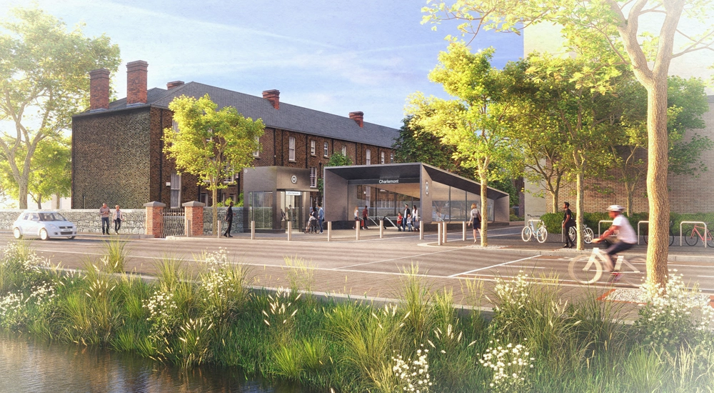 Rendering of Charlemont MetroLink Station entrance and commuters, Dublin, Ireland