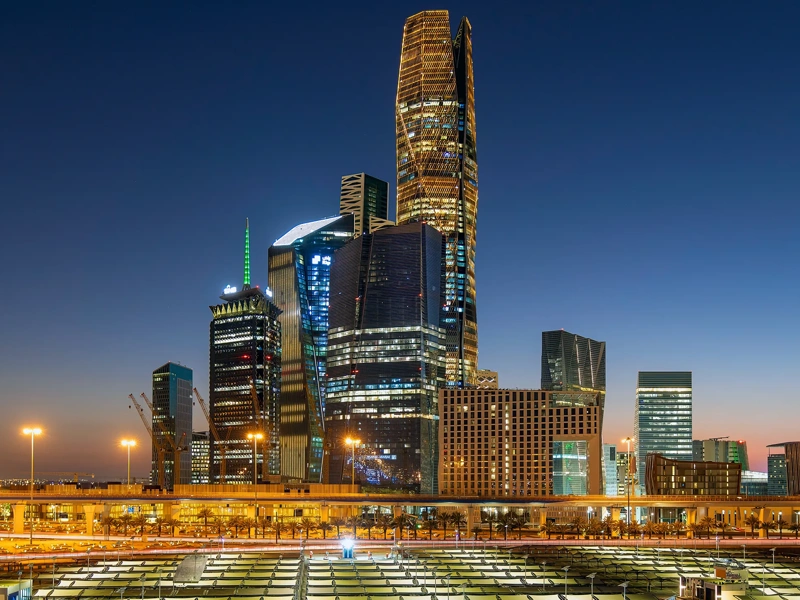 Riyadh, Saudi Arabia - March 01, 2024: Beautiful New Riyadh Skyline after sunset. Riyadh city towers in Saudi Arabia