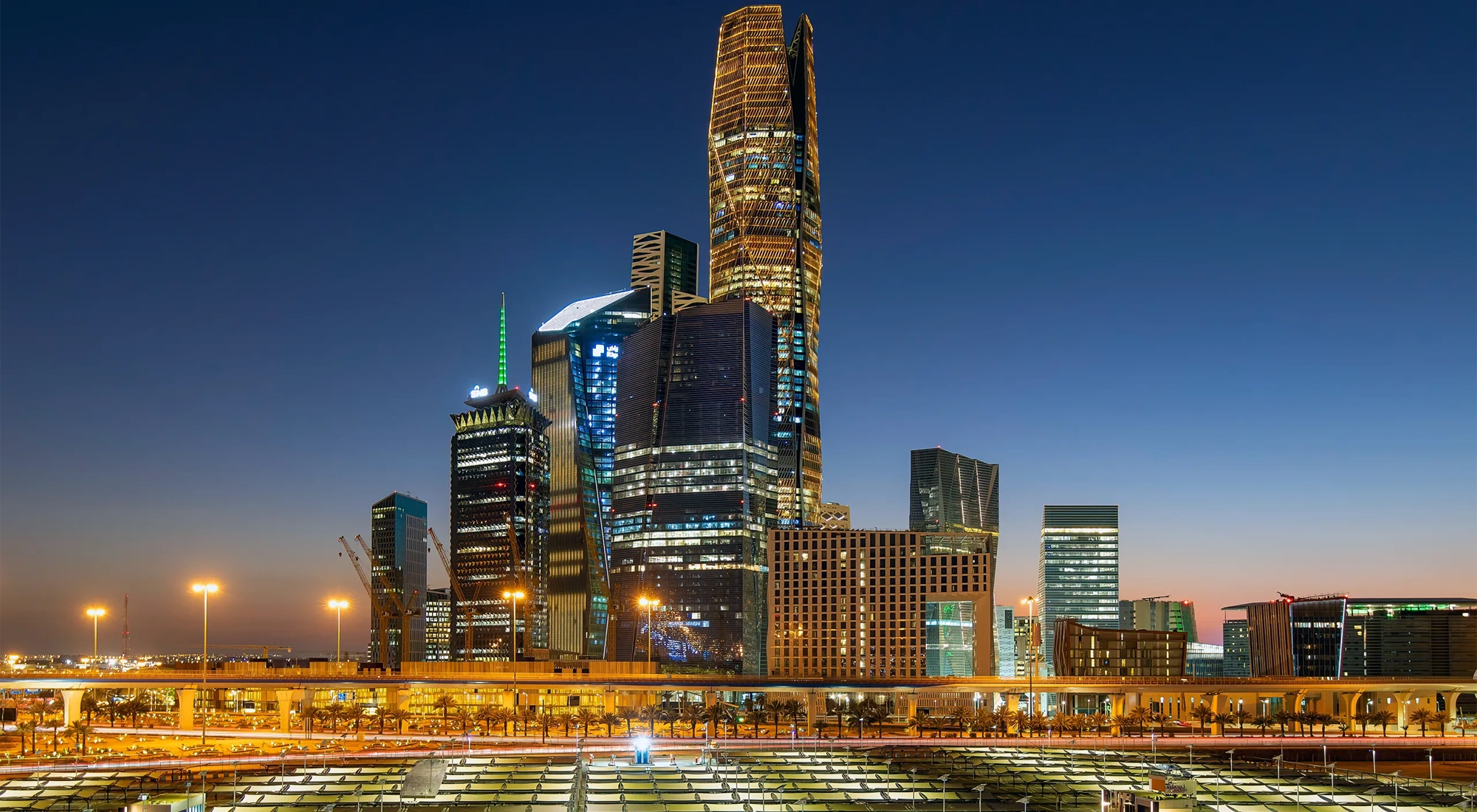 Riyadh, Saudi Arabia - March 01, 2024: Beautiful New Riyadh Skyline after sunset. Riyadh city towers in Saudi Arabia