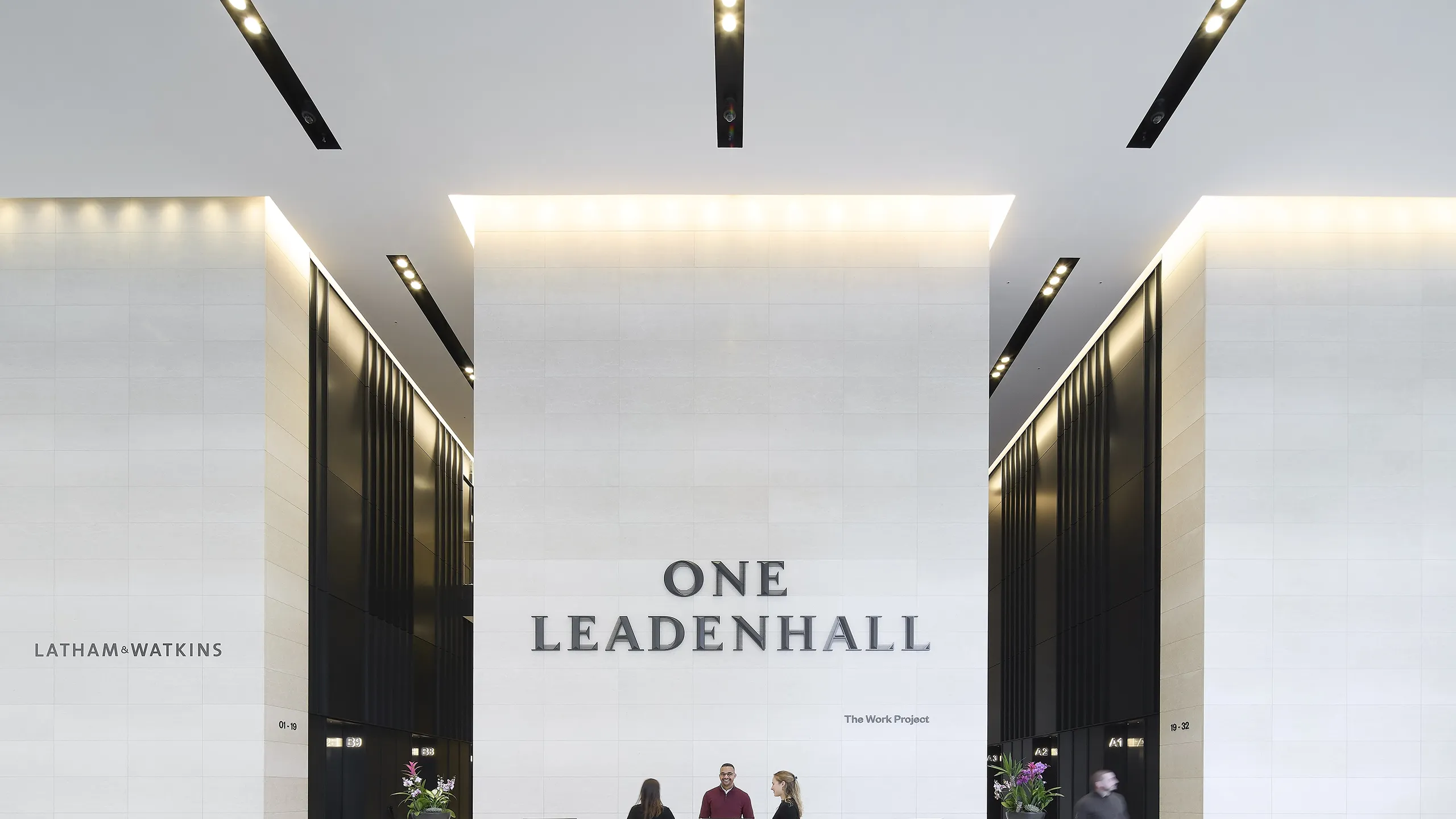 Image of One Leadenhall reception, with white background and bright lights.