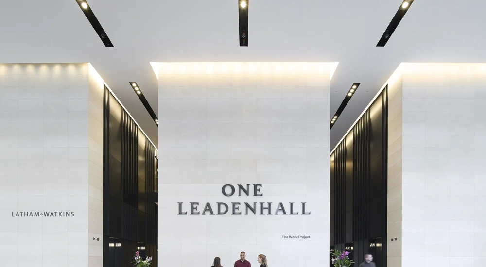 Image of One Leadenhall reception, with white background and bright lights.