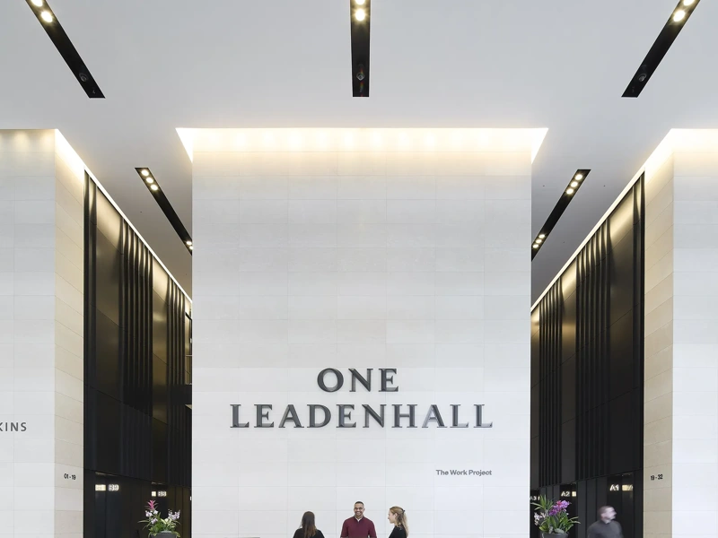 Image of One Leadenhall reception, with white background and bright lights.