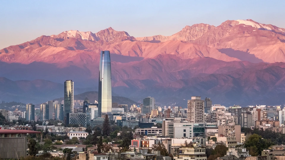 Arial View Of Santiago Skyline At Sunset With Costanera Skyscraper And Andes Mountains Santiago Chile