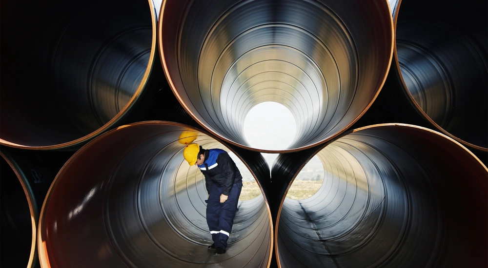 Man with yellow hard hat standing inside large cylinder
