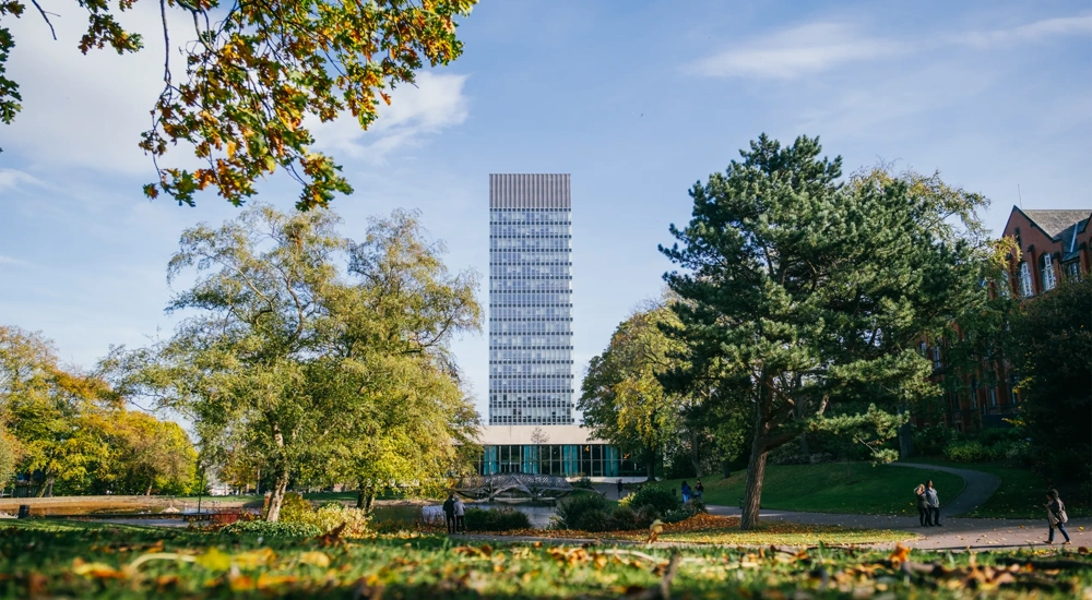 Arts Tower of the University of Sheffield viewed from across Weston Park, UK