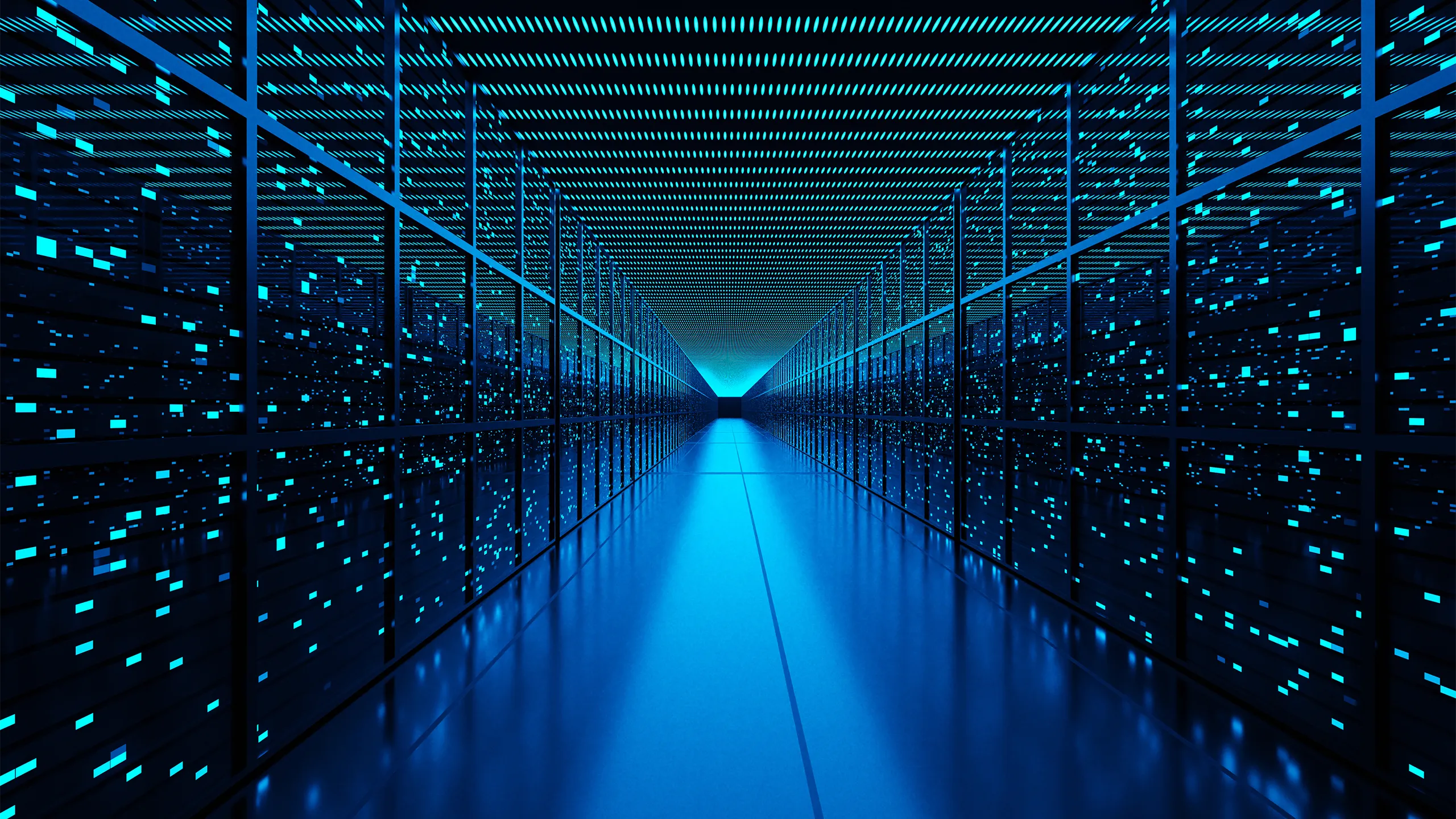 Server racks full of routers, switches and servers aligning on both sides of an aisle of a data center. Illustration of the concept of cloud computing and infrastructure as a service (IaaS)