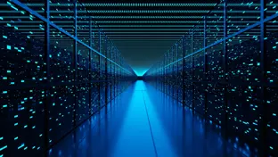 Server racks full of routers, switches and servers aligning on both sides of an aisle of a data center. Illustration of the concept of cloud computing and infrastructure as a service (IaaS)