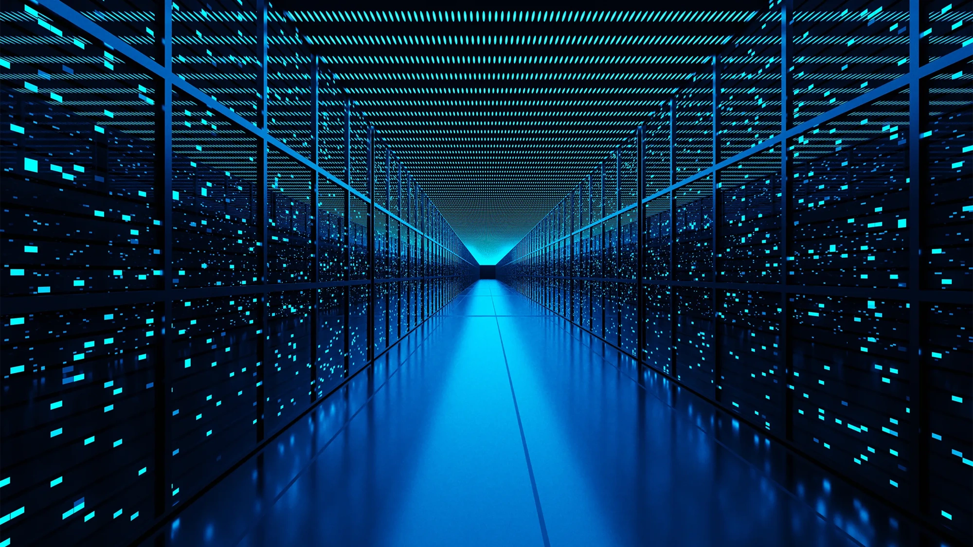 Server racks full of routers, switches and servers aligning on both sides of an aisle of a data center. Illustration of the concept of cloud computing and infrastructure as a service (IaaS)