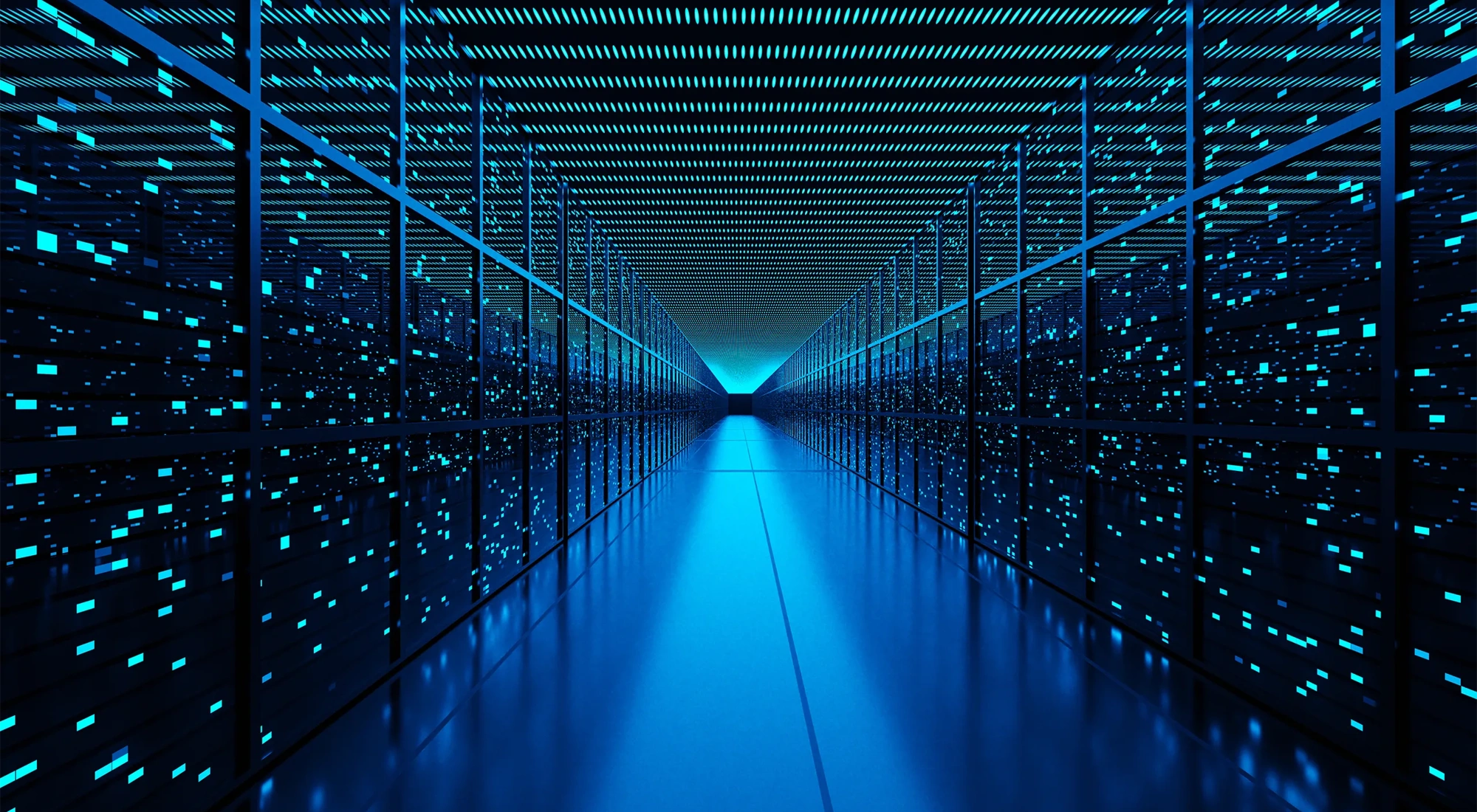 Server racks full of routers, switches and servers aligning on both sides of an aisle of a data center. Illustration of the concept of cloud computing and infrastructure as a service (IaaS)