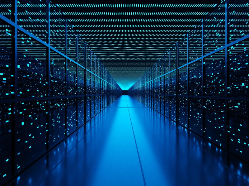 Server racks full of routers, switches and servers aligning on both sides of an aisle of a data center. Illustration of the concept of cloud computing and infrastructure as a service (IaaS)