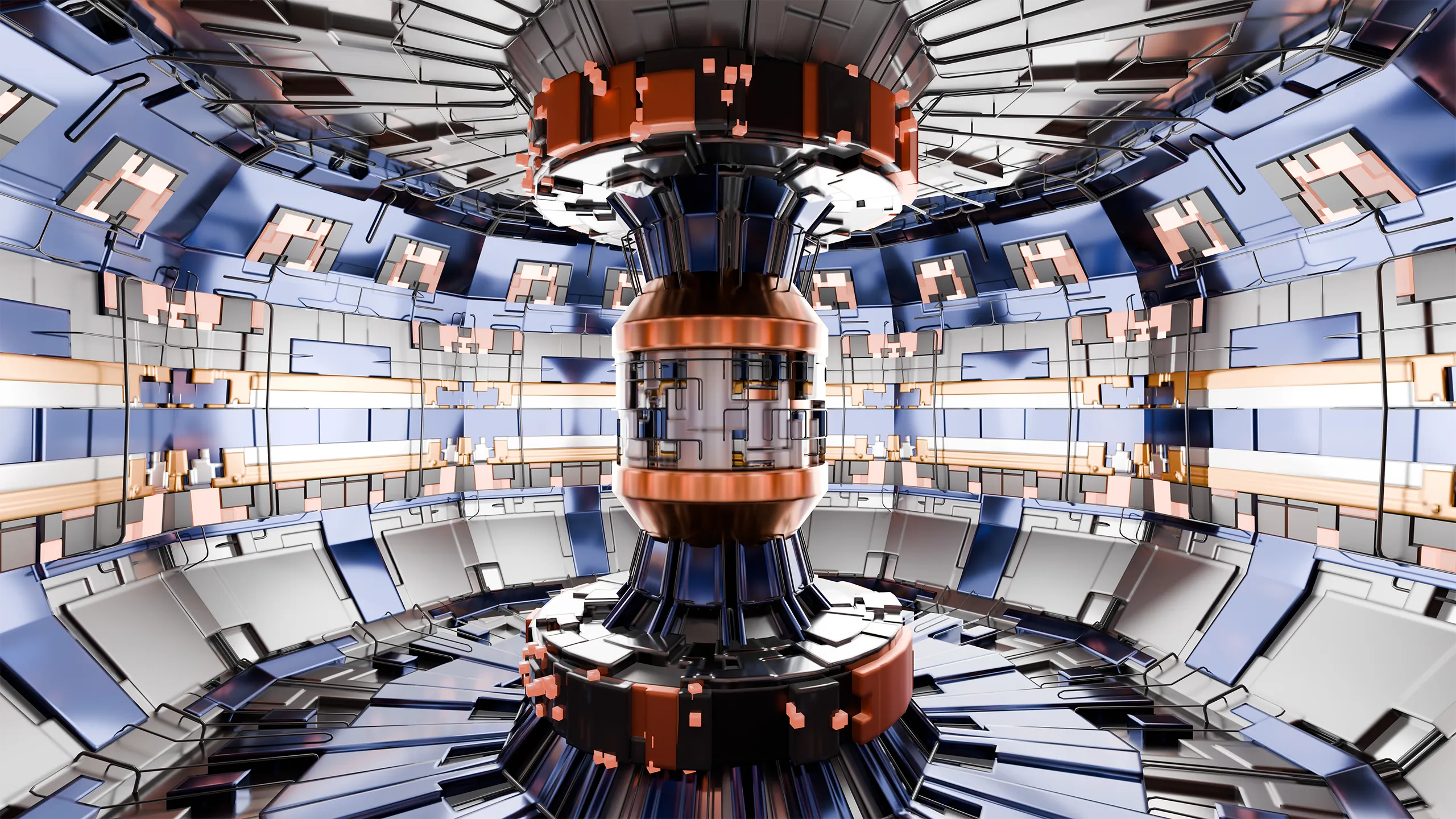 Abstract Reactor Tokamak - 3d render image of nuclear fusion reactor, tokamak magnetic field to confine plasma in the shape of a torus. Toroidal shape, clean energy.