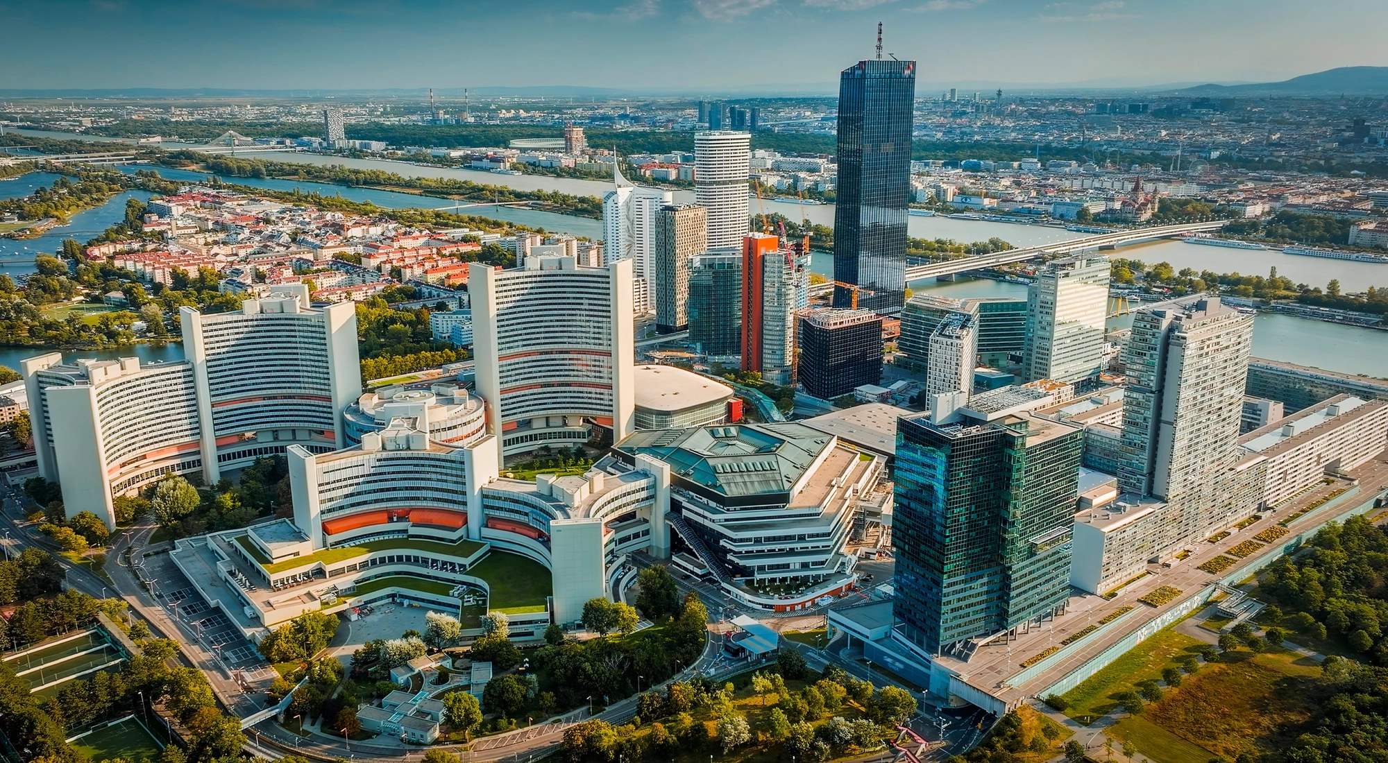 Aerial view of Donau City and UNO City in Vienna, Austria