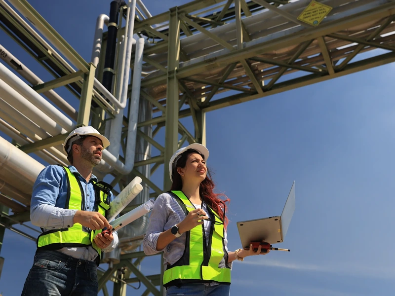 female and male piping system engineers working at the pipeline construction in the refinery or chemical plant at an industrial estate