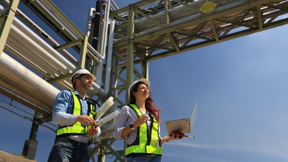 female and male piping system engineers working at the pipeline construction in the refinery or chemical plant at an industrial estate
