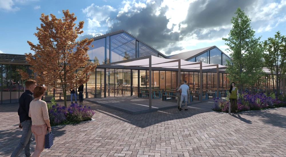 Rendering of the Malmö Designer Village exterior with consumers walking, Sweden