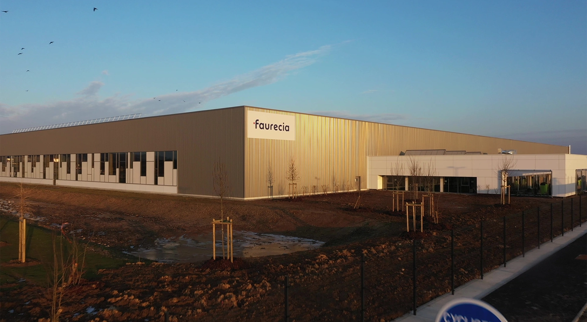 Aerial shot of Faurecia’s sustainable automotive plant in France.