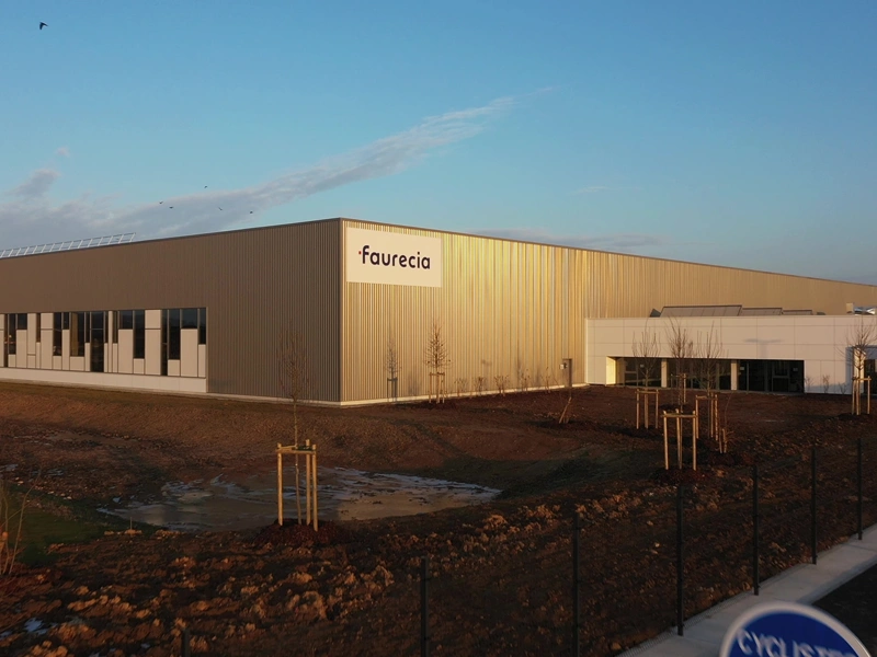 Aerial shot of Faurecia’s sustainable automotive plant in France.