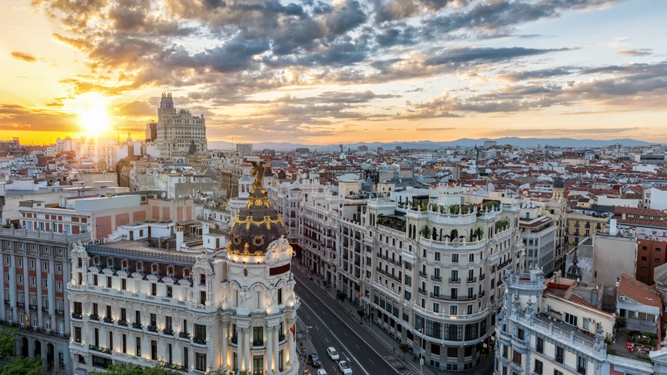 The city skyline of Madrid at sunset