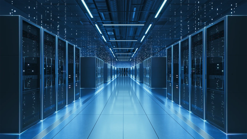 Interior view of a futuristic data center designed for artificial intelligence processing, featuring glowing servers and digital data streams.