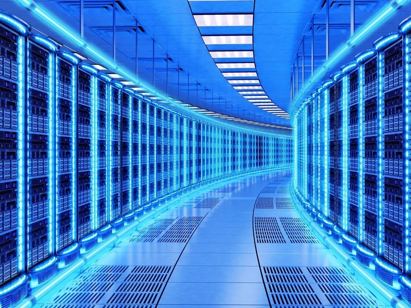 Network and internet communication technology concept, data center interior, server racks with telecommunication equipment in server room