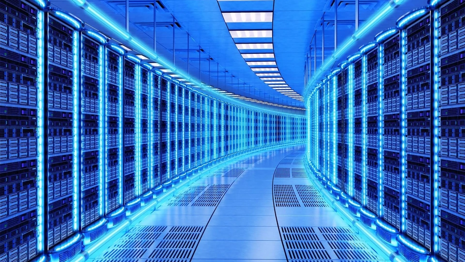 Network and internet communication technology concept, data center interior, server racks with telecommunication equipment in server room