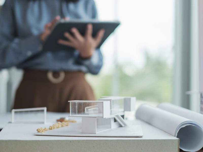 Person standing over table using tablet