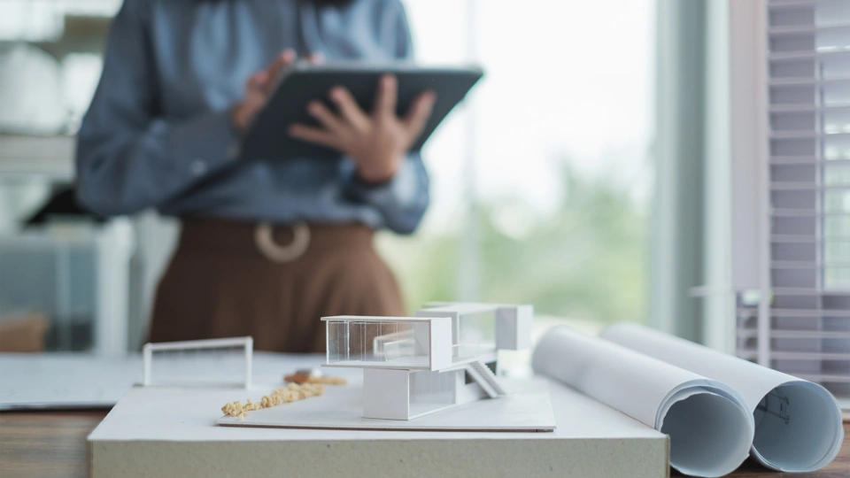 Person standing over table using tablet