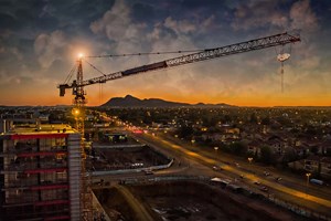 Aerial view of crane in the sunset in Africa
