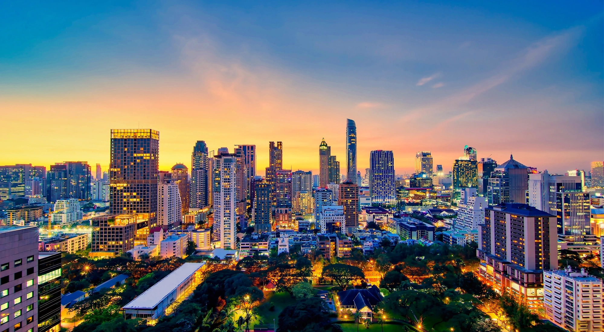 Bangkok buildings, Bangkok city downtown at sunset.
