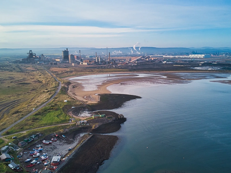 Drone point of view of coastline around Tees estuary, South Gare, Redcar, Teeside, England, Britain