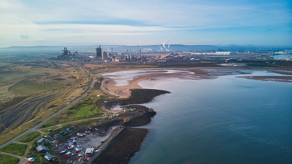 Drone point of view of coastline around Tees estuary, South Gare, Redcar, Teeside, England, Britain