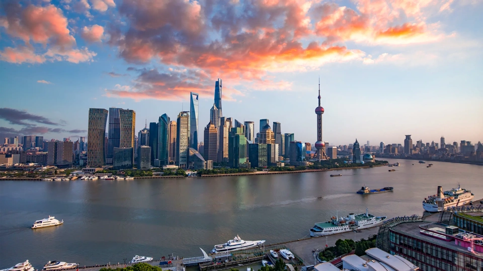 Sunset in Pudong, Shanghai captured on the rooftop of a high-rise building in Puxi