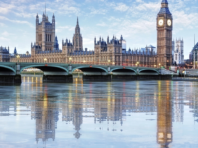 Skyline photo of the UK Houses of Parliament and Big Ben with Westminster Bridge in the foreground