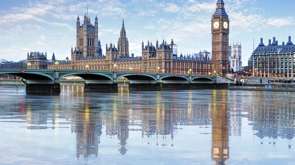 Skyline photo of the UK Houses of Parliament and Big Ben with Westminster Bridge in the foreground
