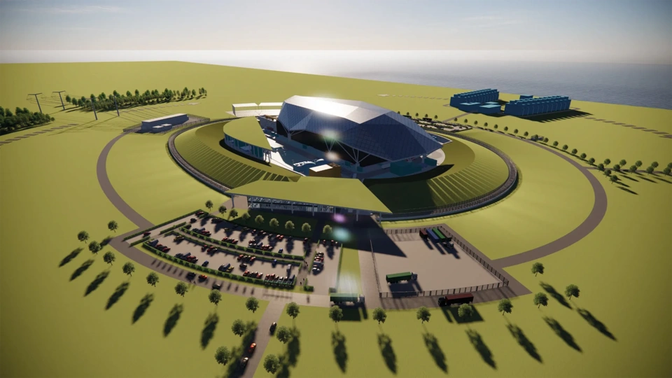 Artistic impression aerial view of a circular Rolls Royce SMR featuring a central modern building surrounded by landscaped green space.