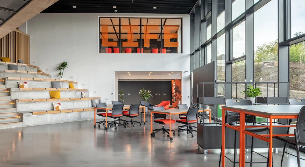 Interior shot of ONE BioHub, a research institute in Aberdeen, Scotland.