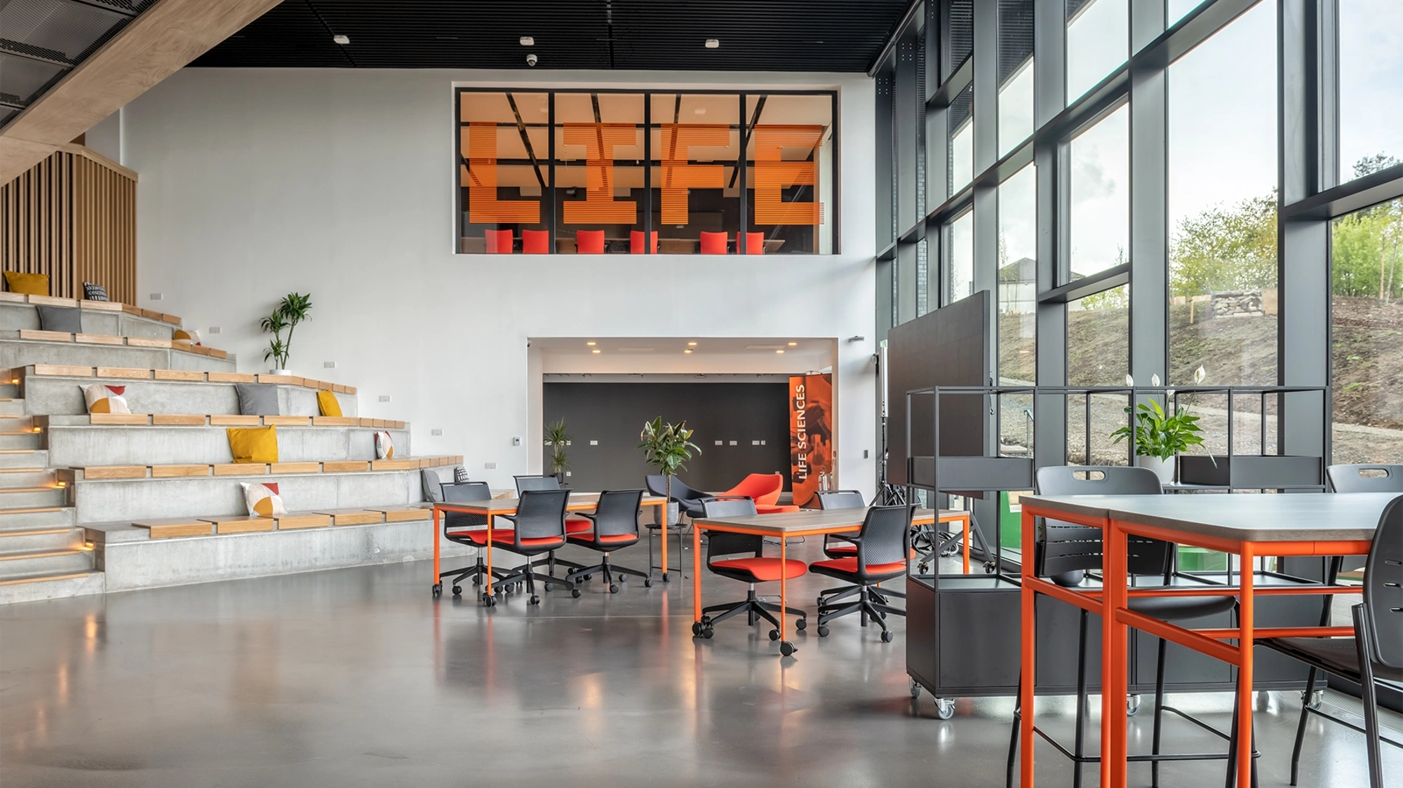 Interior shot of ONE BioHub, a research institute in Aberdeen, Scotland.