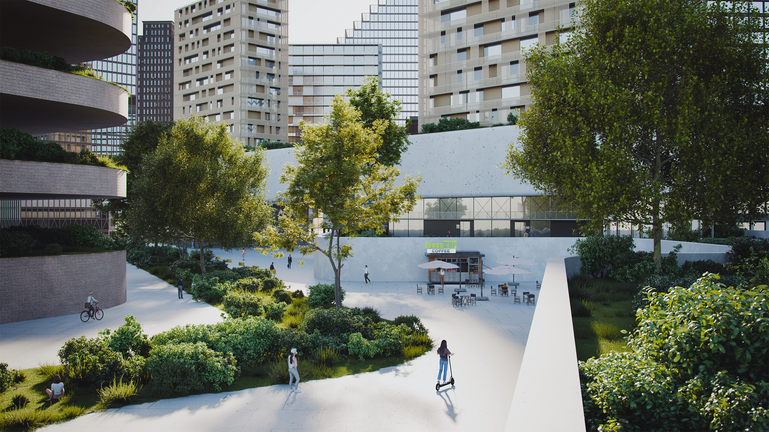 Modern city with people walking and on scooters in front of green apartment blocks