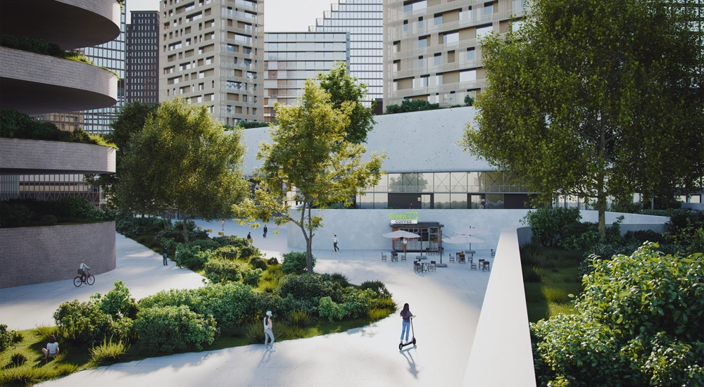 Modern city with people walking and on scooters in front of green apartment blocks