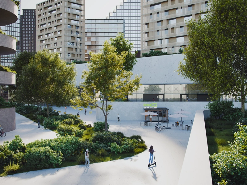 Modern city with people walking and on scooters in front of green apartment blocks