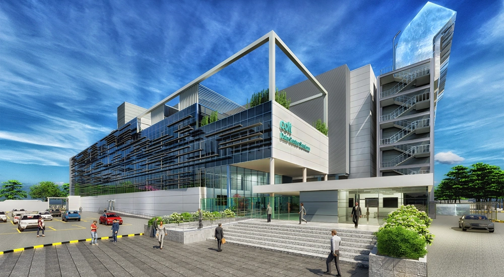 Data centre building in India, blue skies