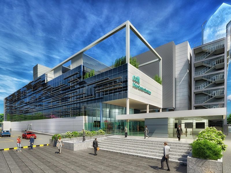 Data centre building in India, blue skies